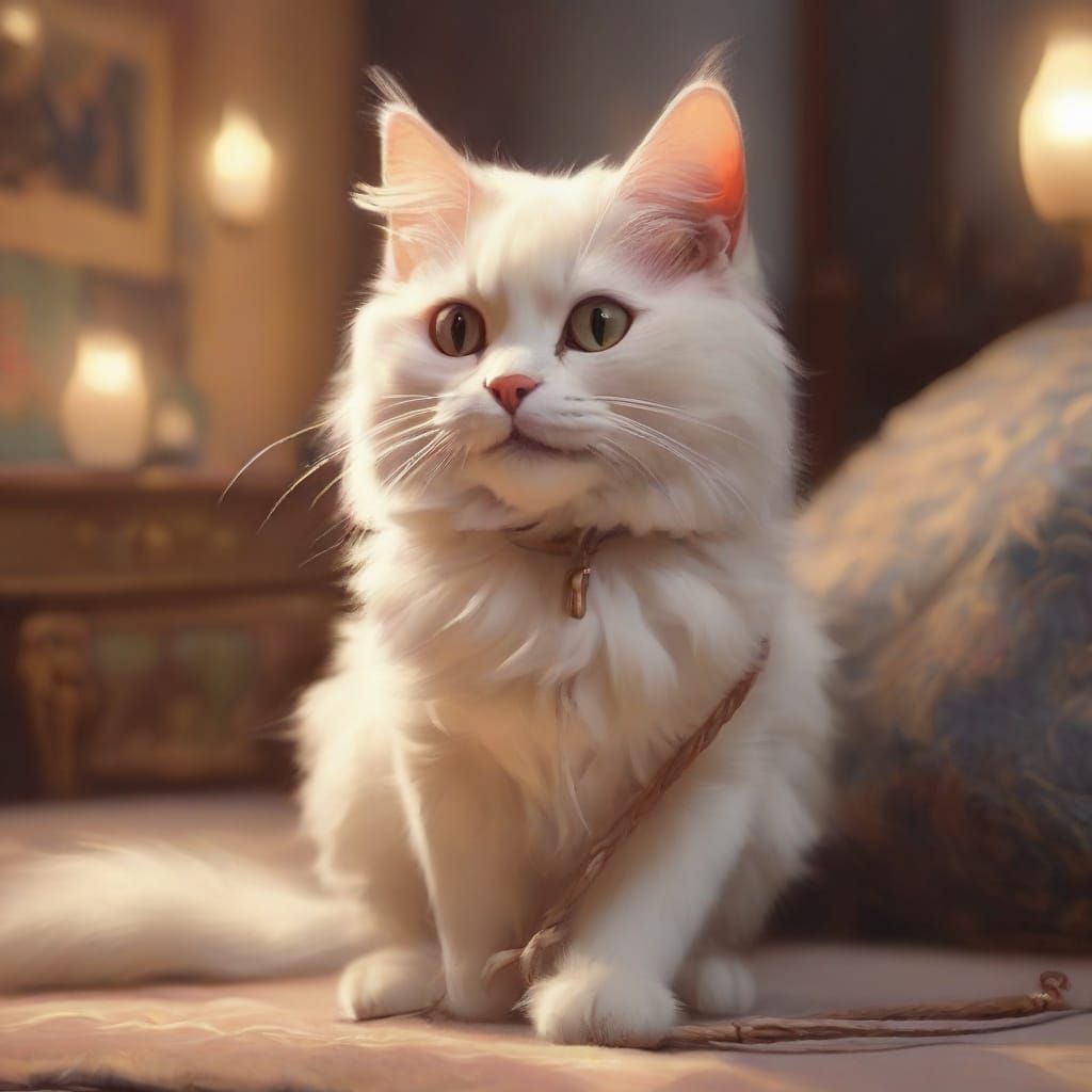 Art Deco Cat Playing with String in Cozy Room