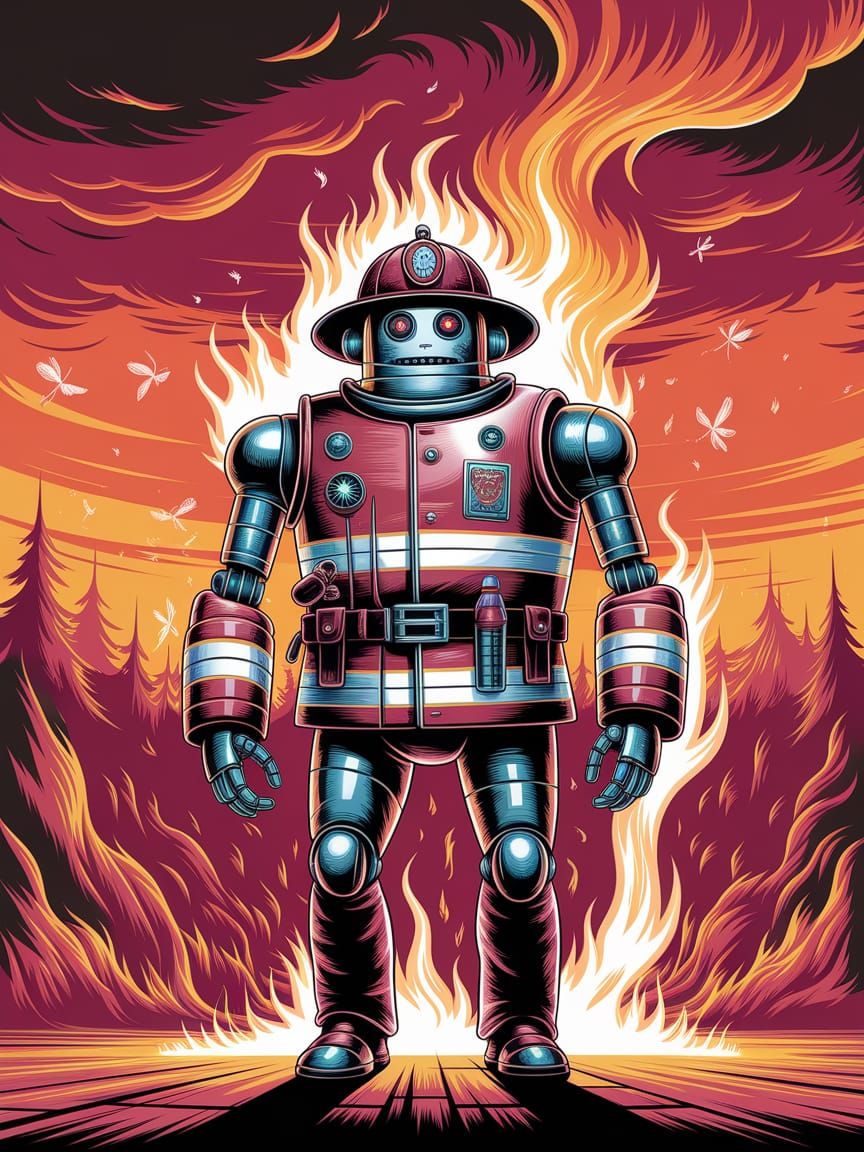 Robot Firefighter in Surreal Fantasy Landscape