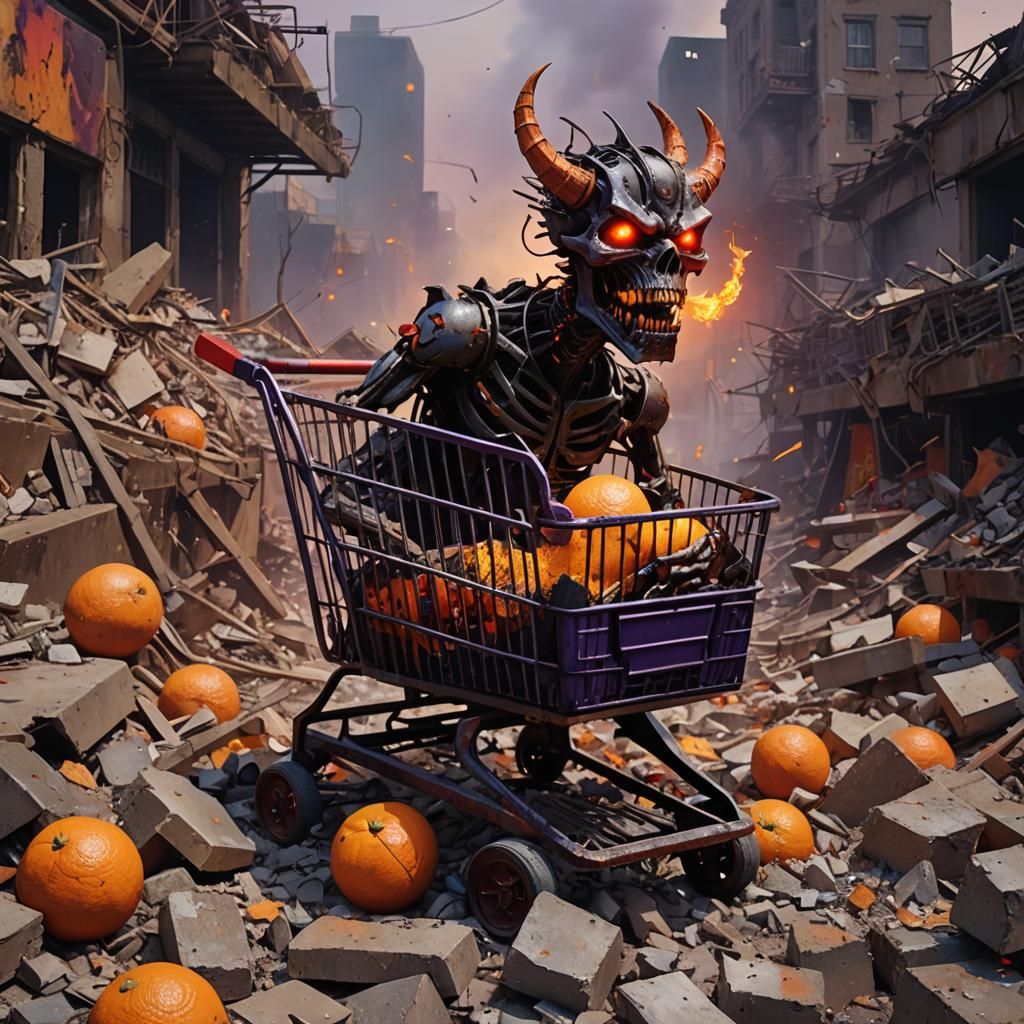 Demonic Shopping Cart Concept Art in Hellish Landscape