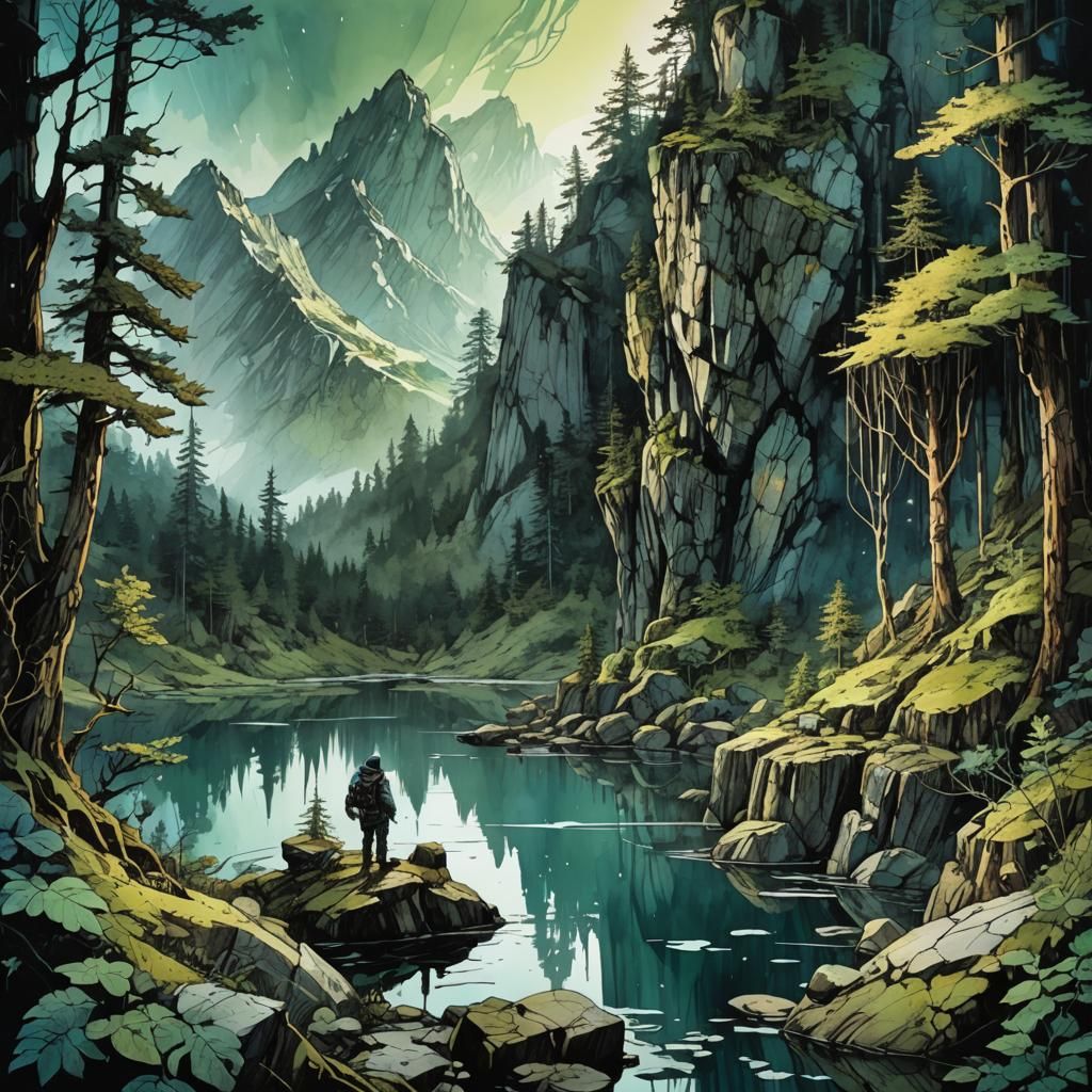 Magnificent Mountain Lake View in Retro Style