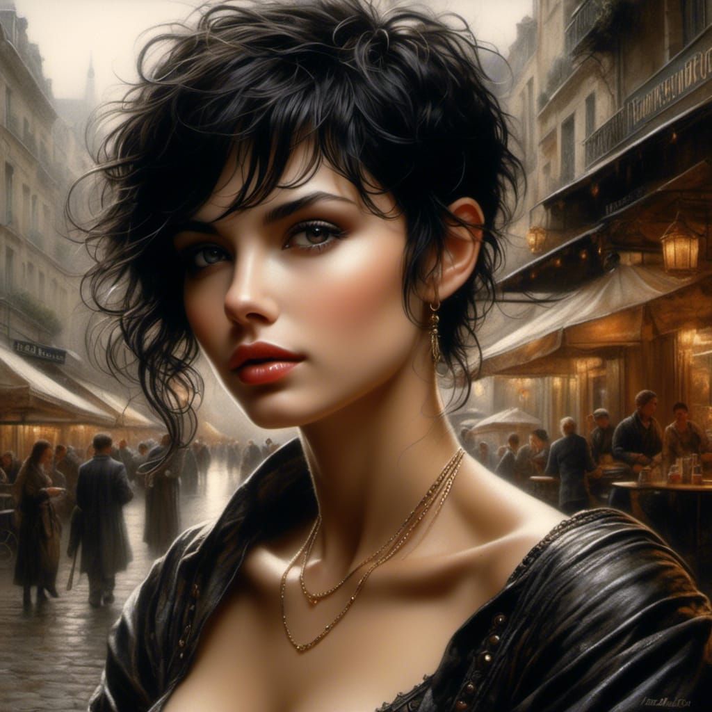 Hyperrealistic Portrait of Woman in Cafe, Luis Royo Style