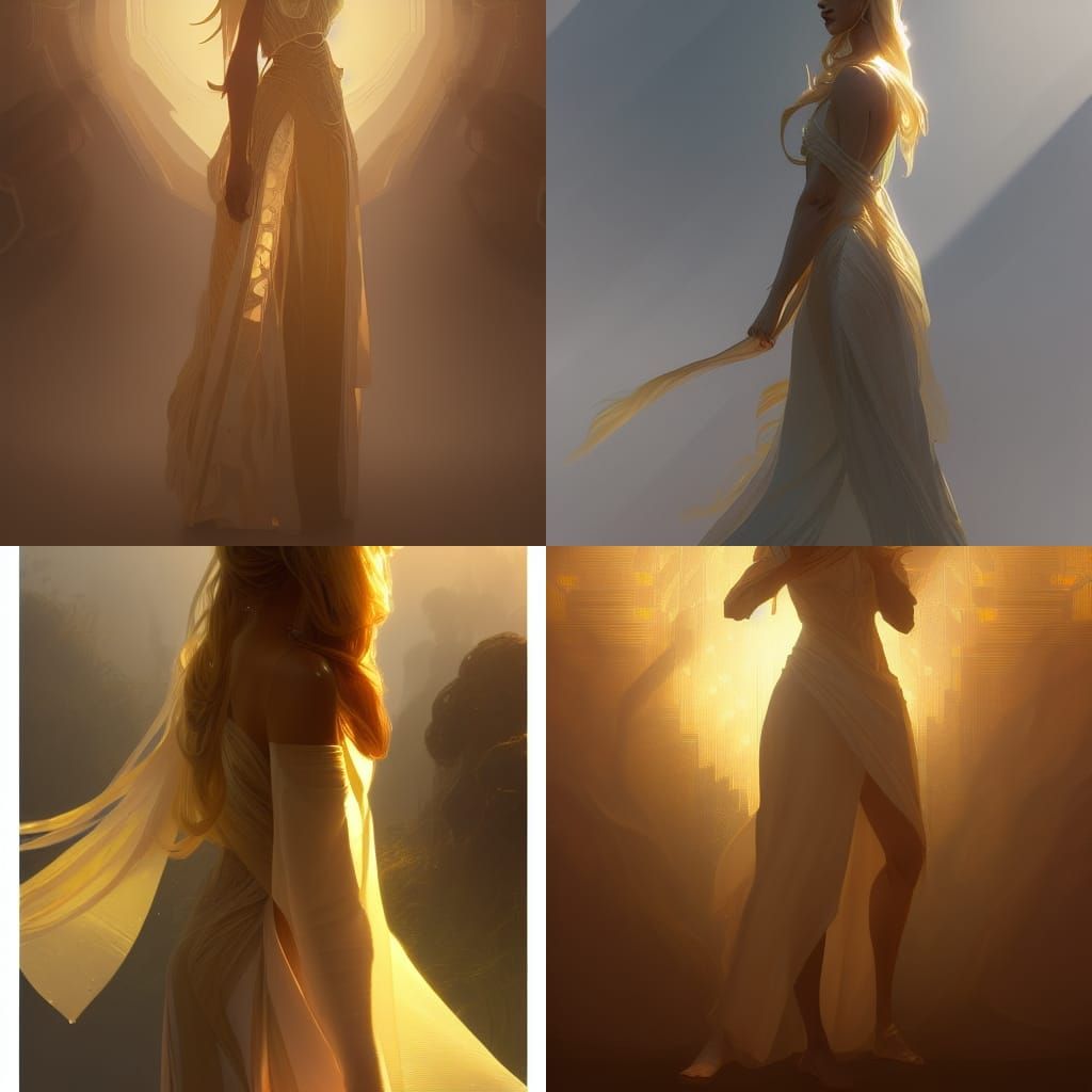 Woman in Golden Light Dress, Art Nouveau Style