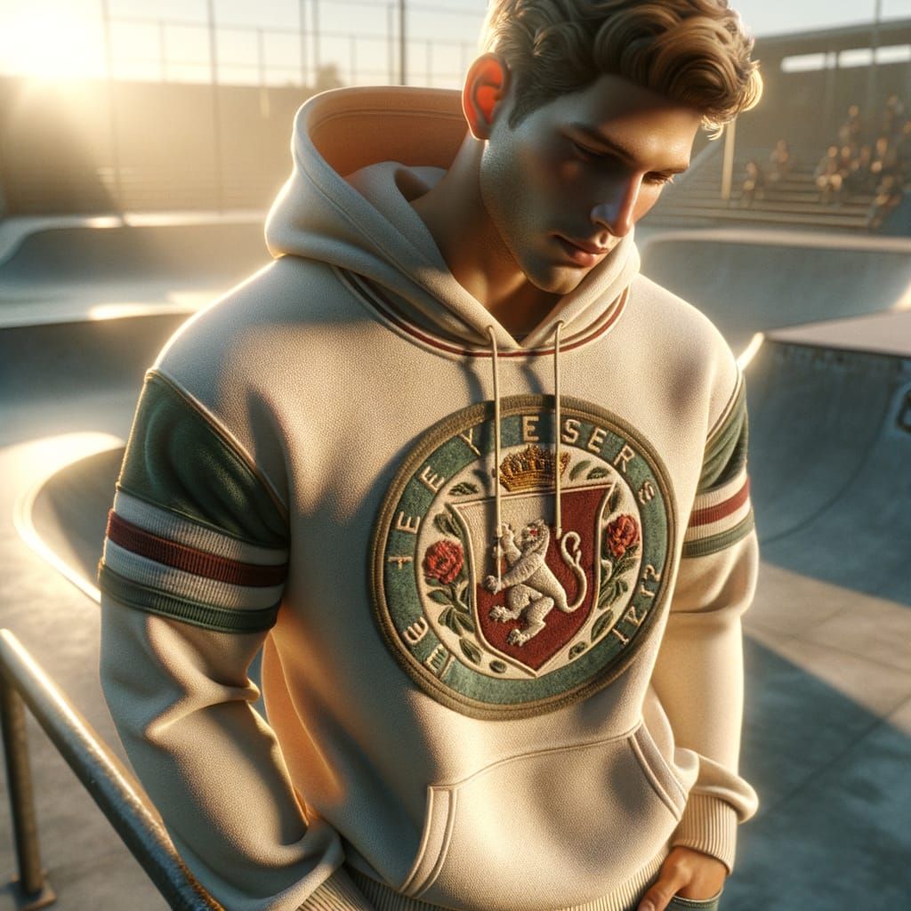 Athletic Man in Cream Varsity Hoodie at Skatepark