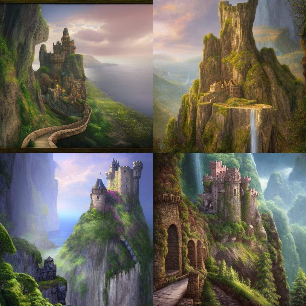 Cliffside Castle with Waterfall, Fantasy Concept Art