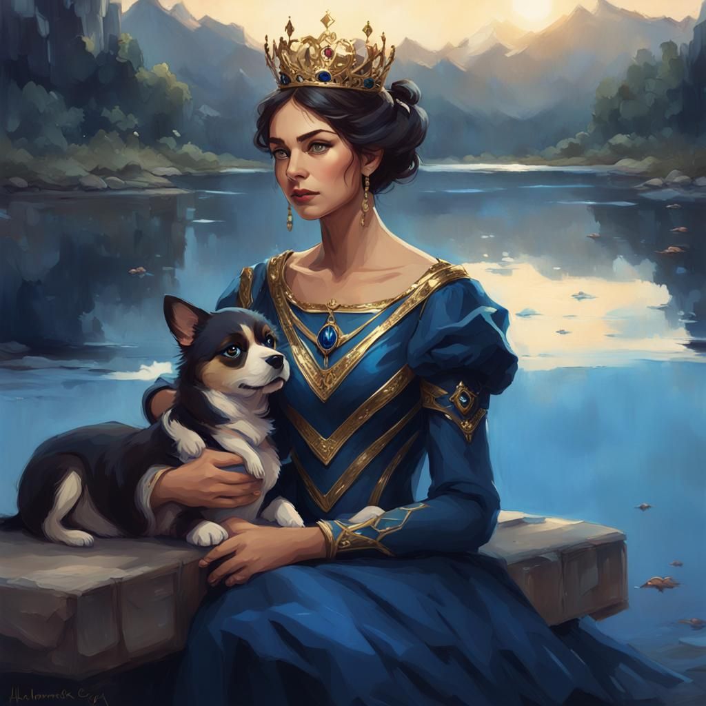 Sapphire Queen with Puppy, Hyperdetailed Portrait