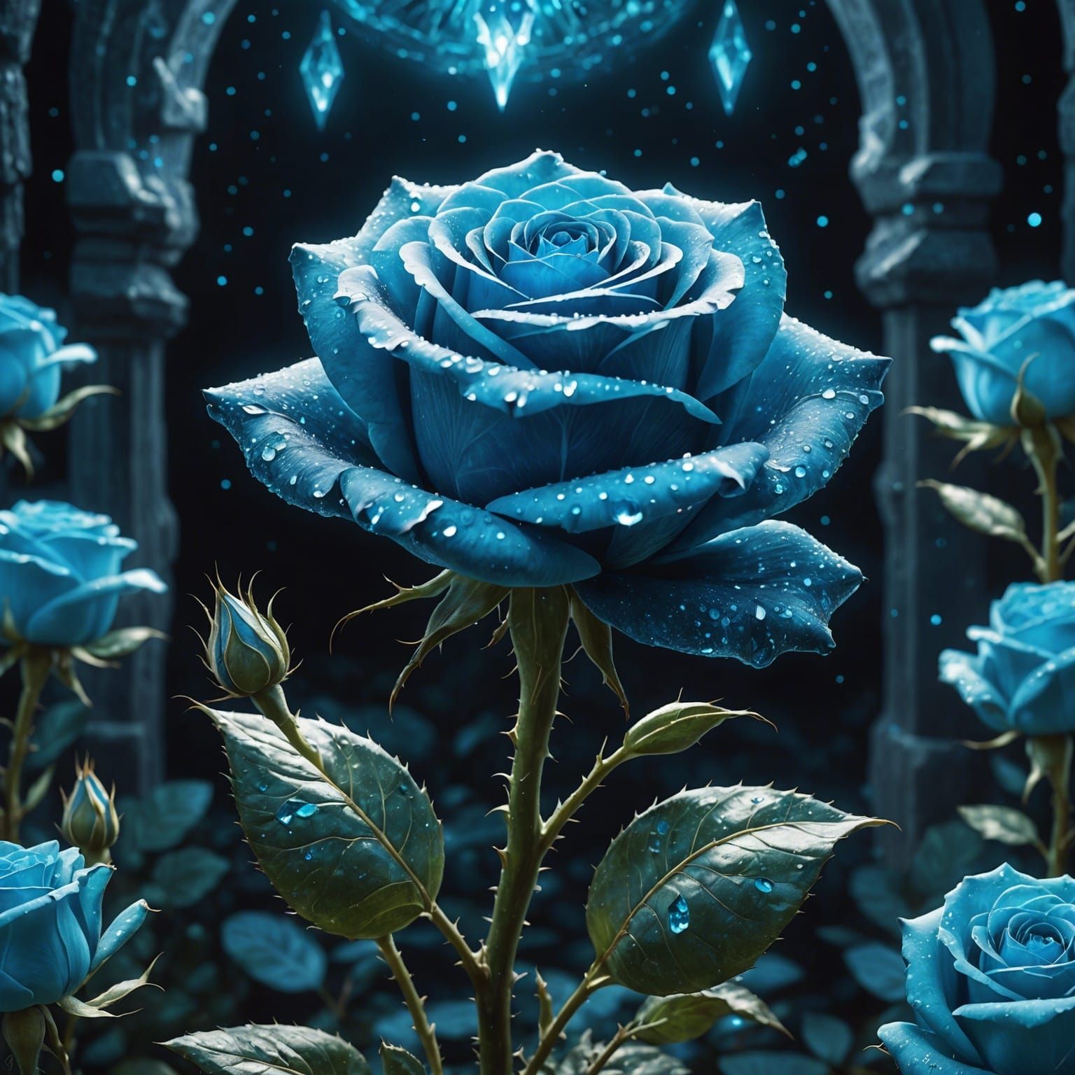 Bioluminescent Blue Rose in Crystalline Cavern