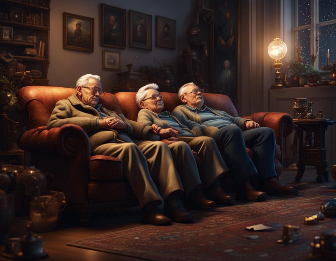 Old Couple Sleeping on New Year's Eve: Photorealistic Art