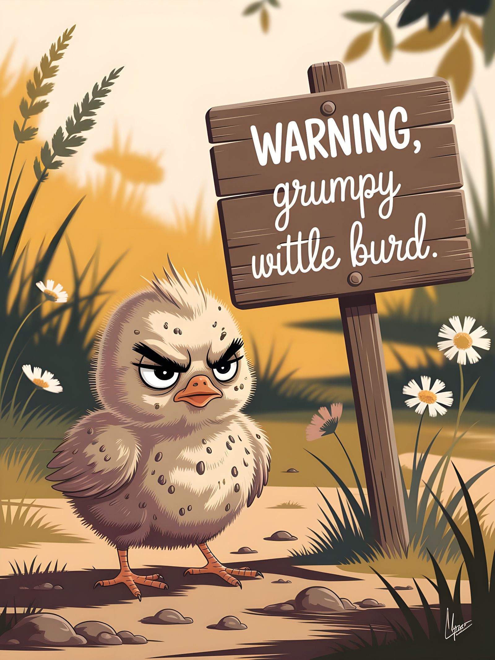 Grumpy Chick in Meadow: Digital Illustration