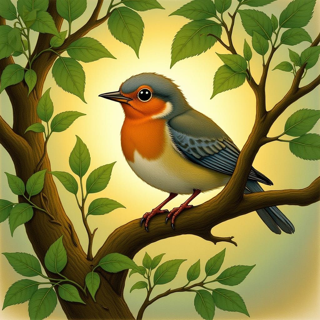 Proud Robin in Tree, Beatrix Potter Style