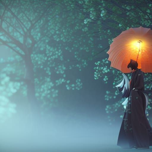 Futuristic Kitsune with Umbrella in Sci-Fi Garden