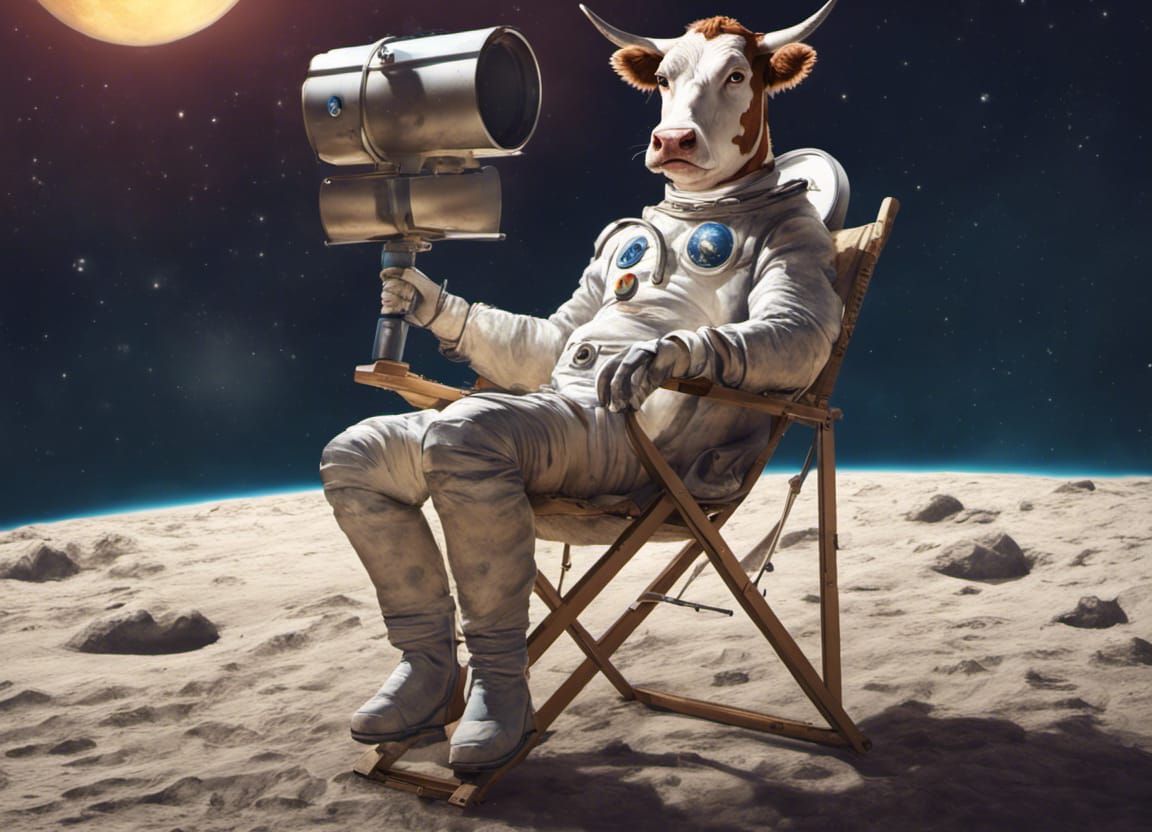 Cow Observes Earth from Moon in Hyperrealism