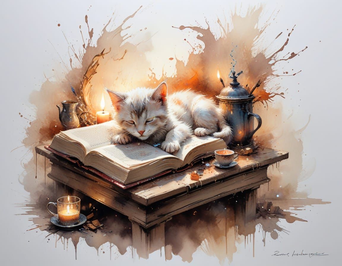 Kitten in Book with Cocoa by Candlelight