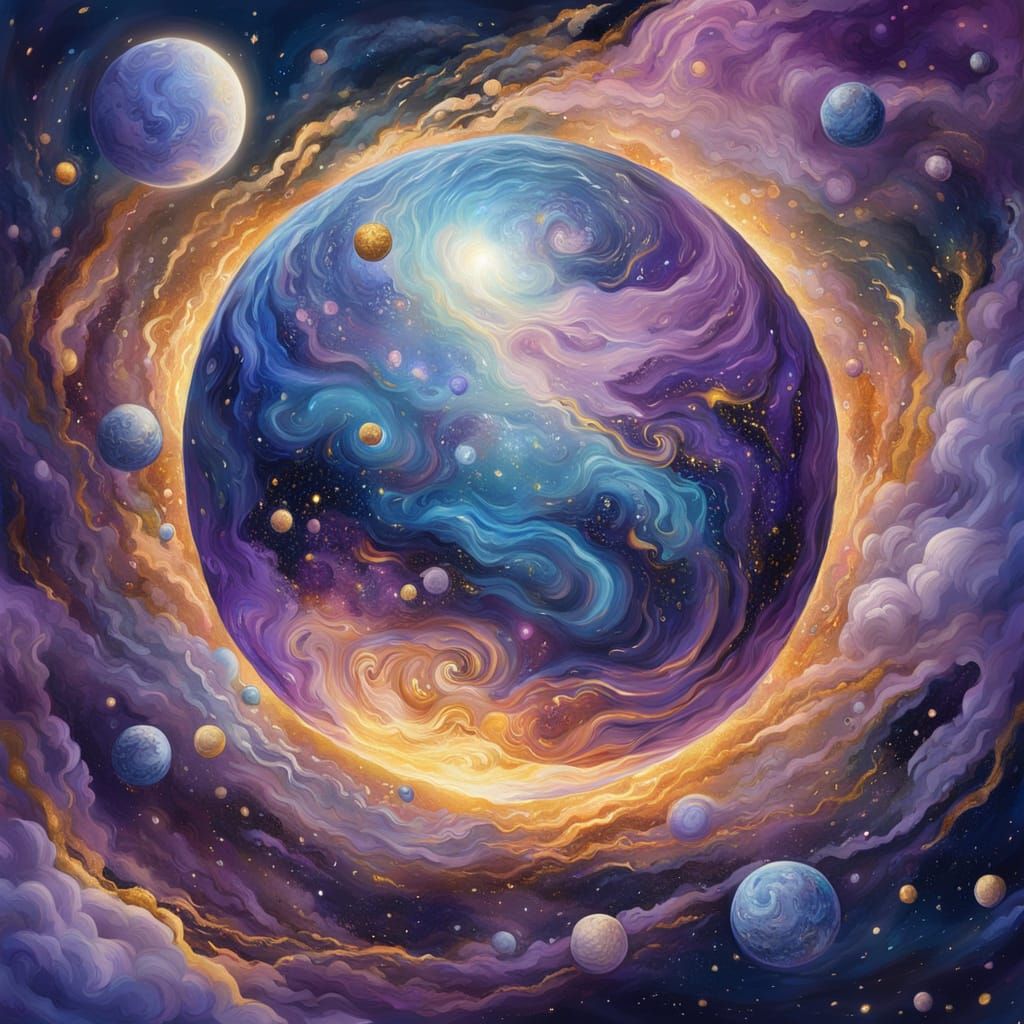 Celestial Sphere with Swirling Galaxies in Gouache Style