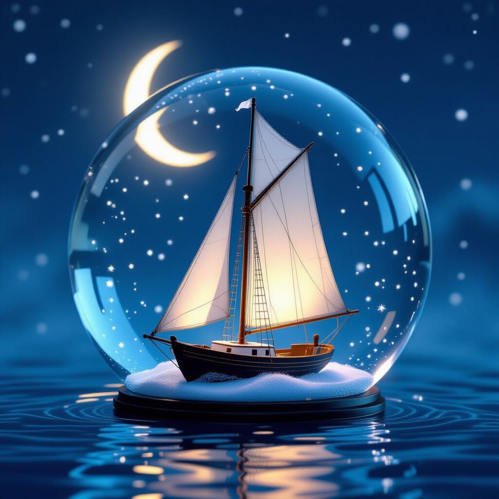 Sailing Boat in Snow Globe Under Crescent Moon Fantasy Illus...