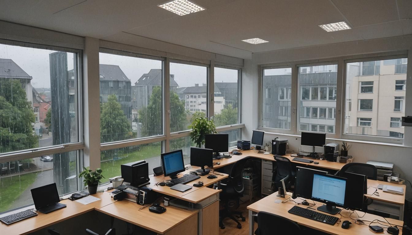 Cozy German Software Office on a Rainy Day