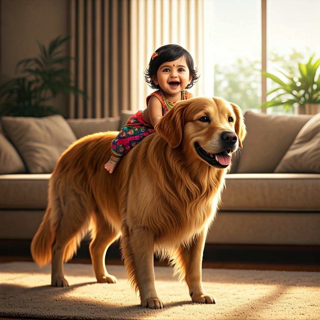 Joyful Indian Baby Girl Rides Golden Retriever in Warm Livin...