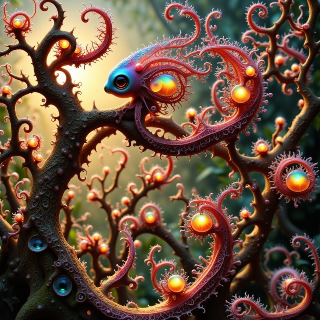 Surreal Octopus Gargoyle Hybrid in Vibrant Blossom Landscape