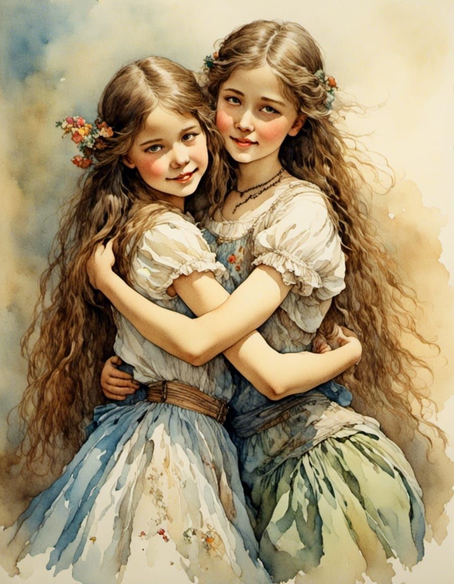 Sisters Embrace: A Hyperreal Romantic Watercolor Portrait