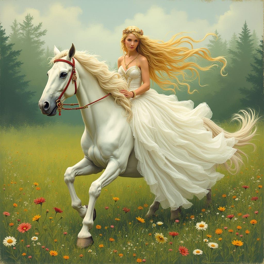 Elegant Princess Rides Majestic White Horse in Enchanted Mea...