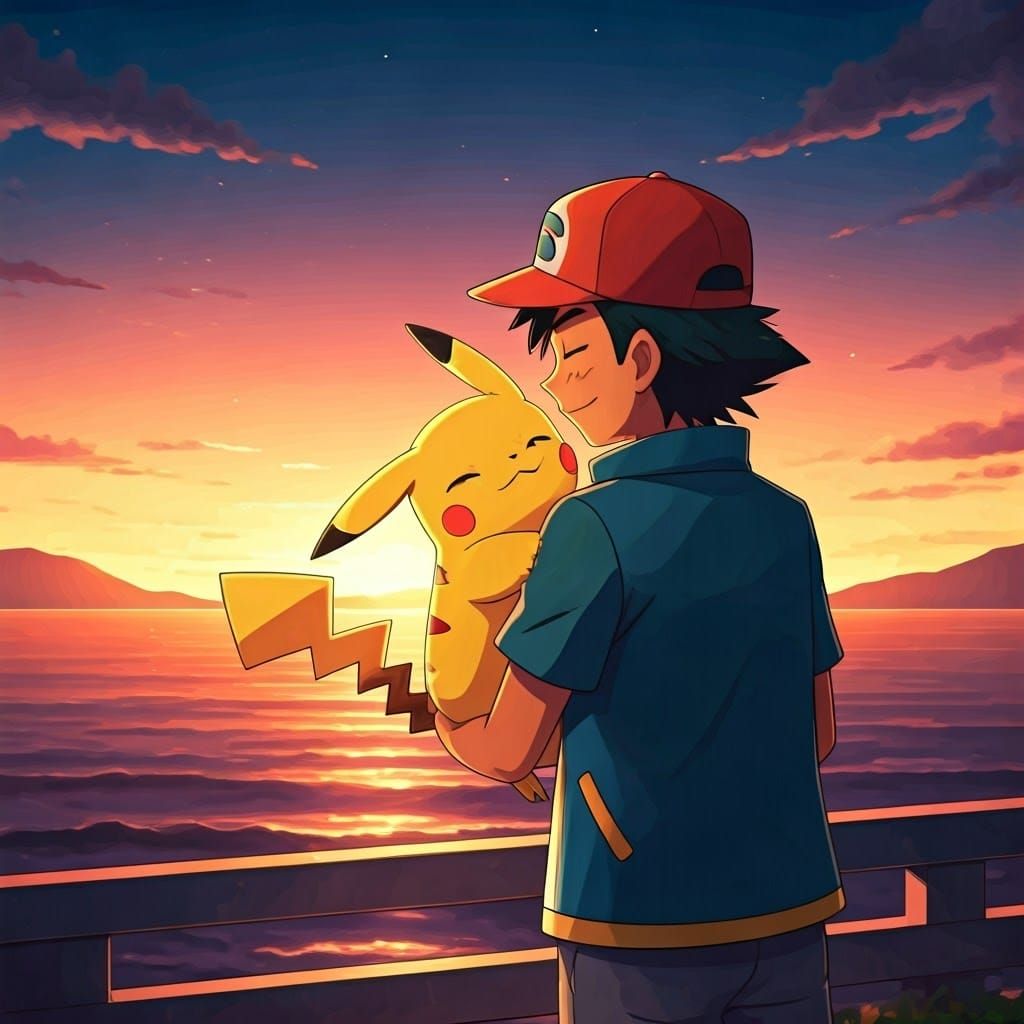 Ash Ketchum and Pikachu Watch Sunset in Anime Style
