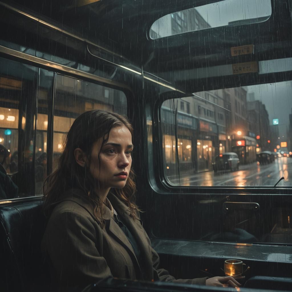 surreal art, a sad goth girl sits in the bus