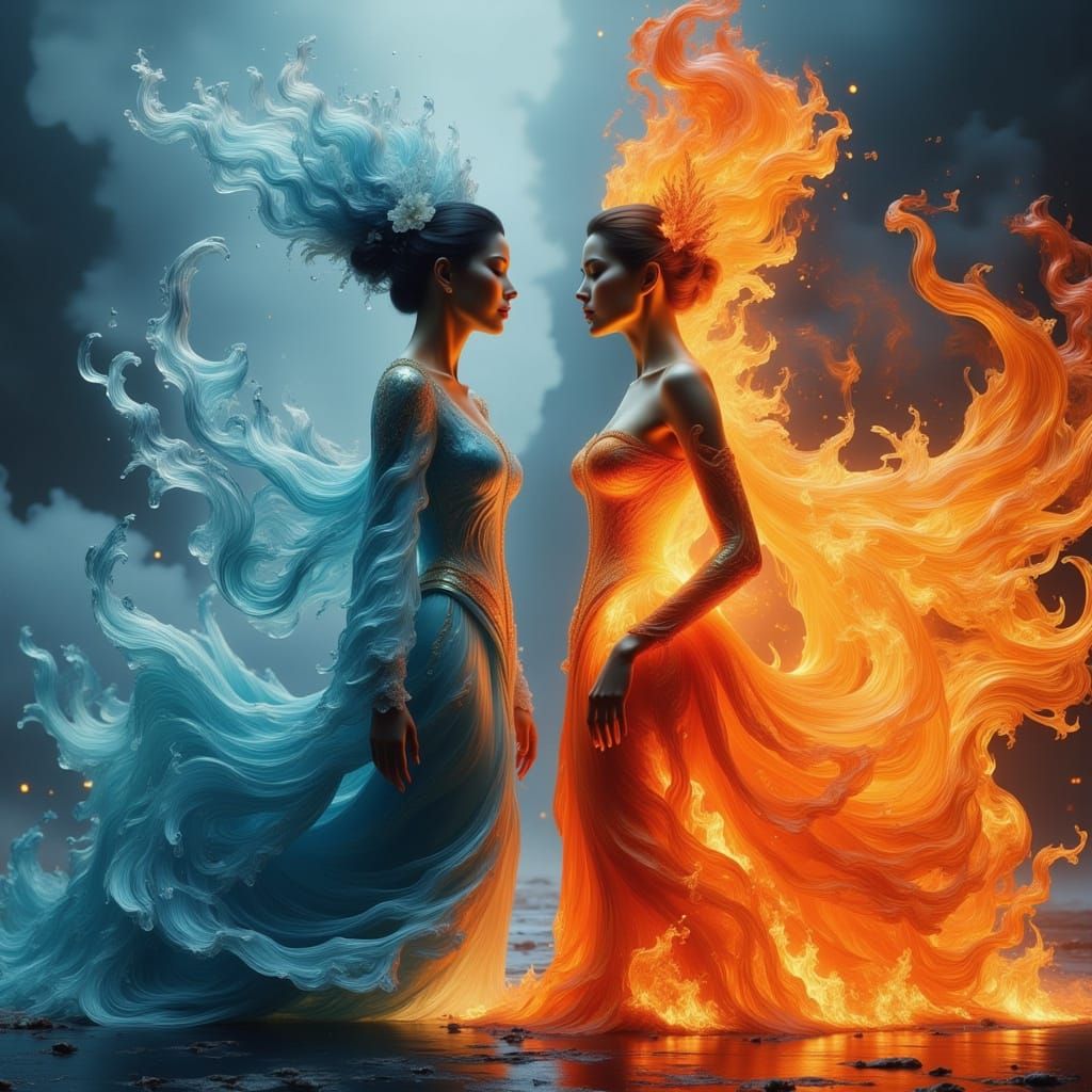 Fire and Water Spirits Clash in Ethereal Fantasy Realm