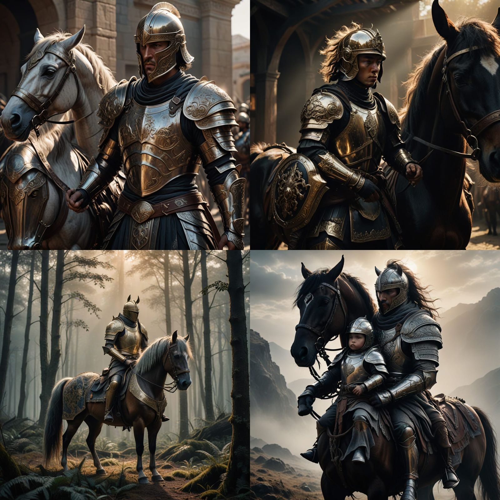 Majestic Horse Warrior Carrying Infant, Armored and Imperiou...