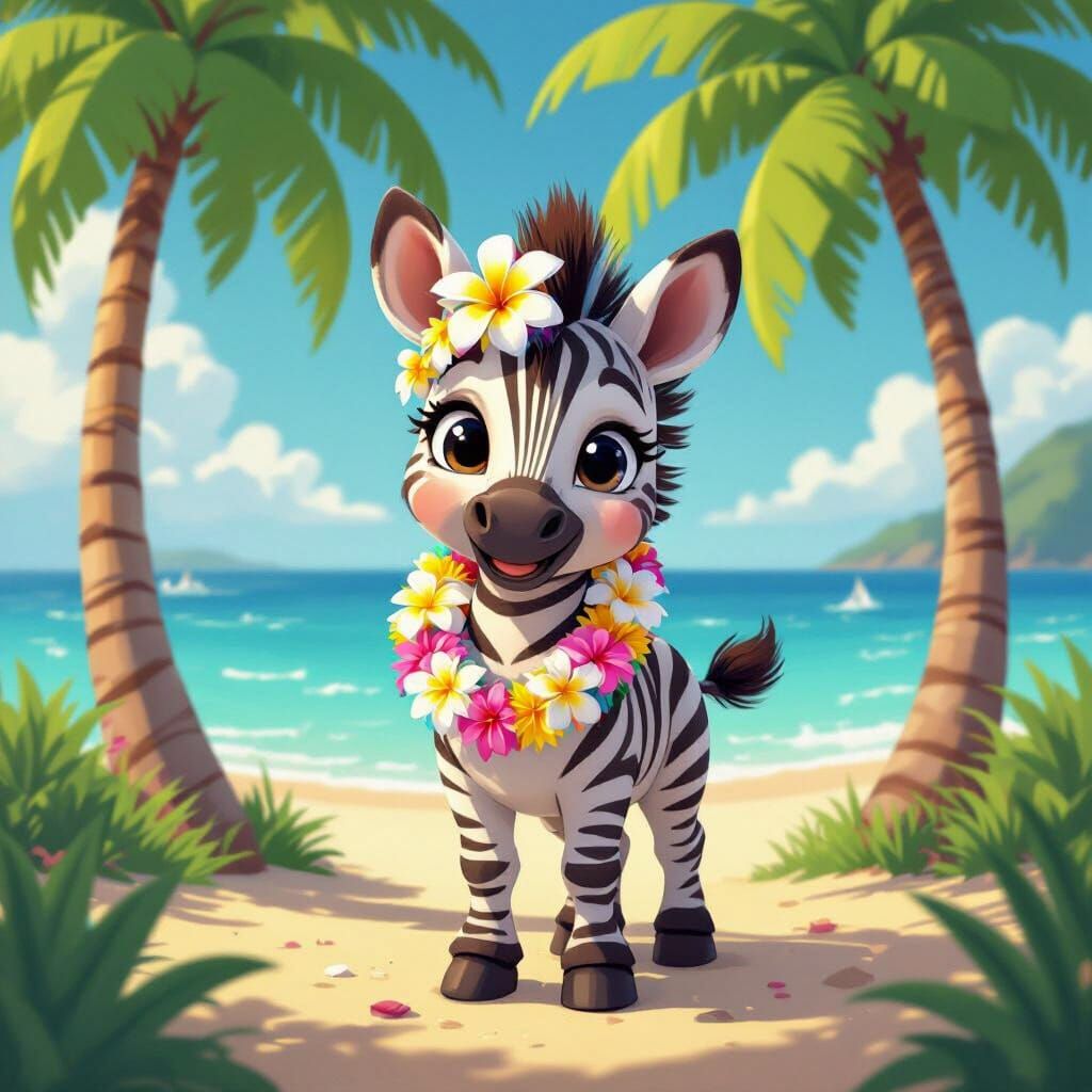 Adorable Baby Zebra on a Beach in Anime Style