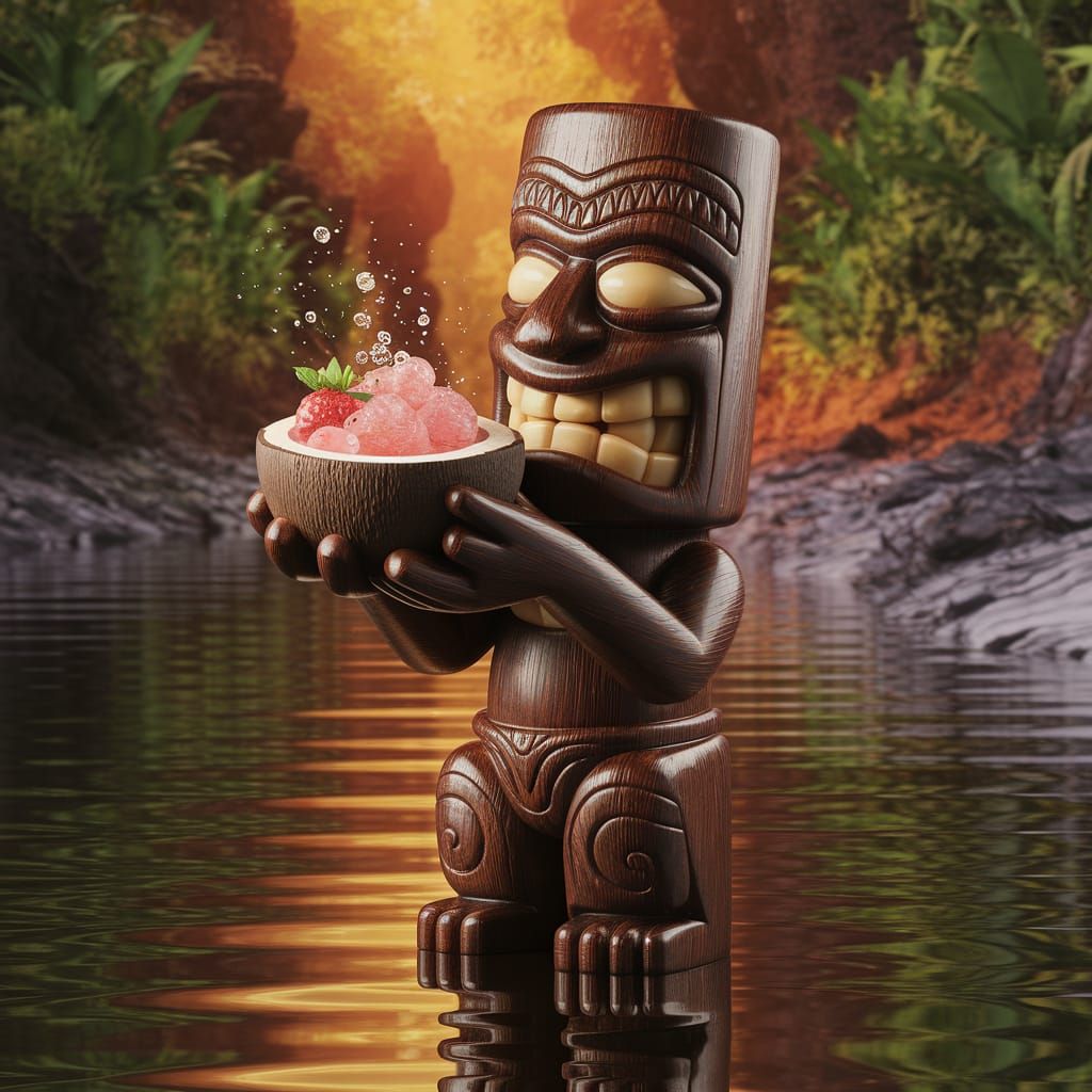 Whimsical Tiki Totem Drinks Punch in Ancient Jungle River