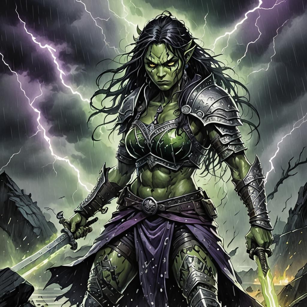 Orc Warrior Woman in Dark Fantasy Anime Style