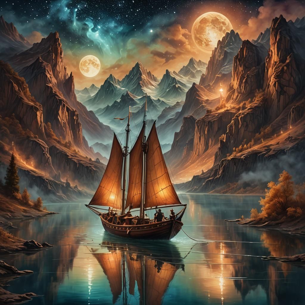 Fairies Sailing on Glowing River: Surreal Oil Painting