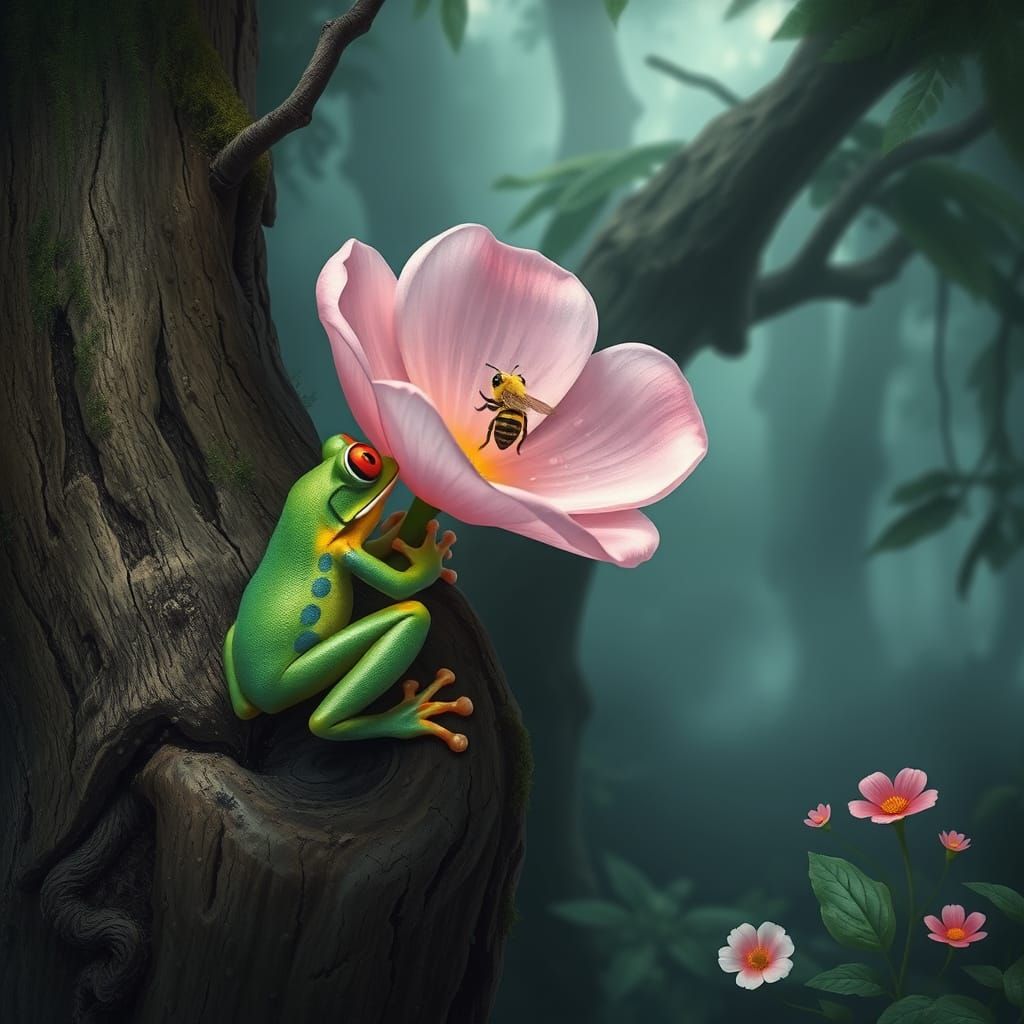 Frog and Bee in Dreamlike Rainforest