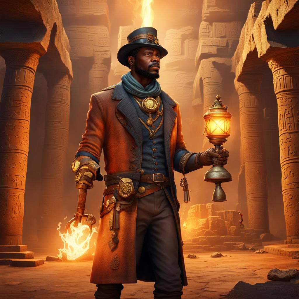 Steampunk Archaeologist Surveys Egyptian Tomb Treasure