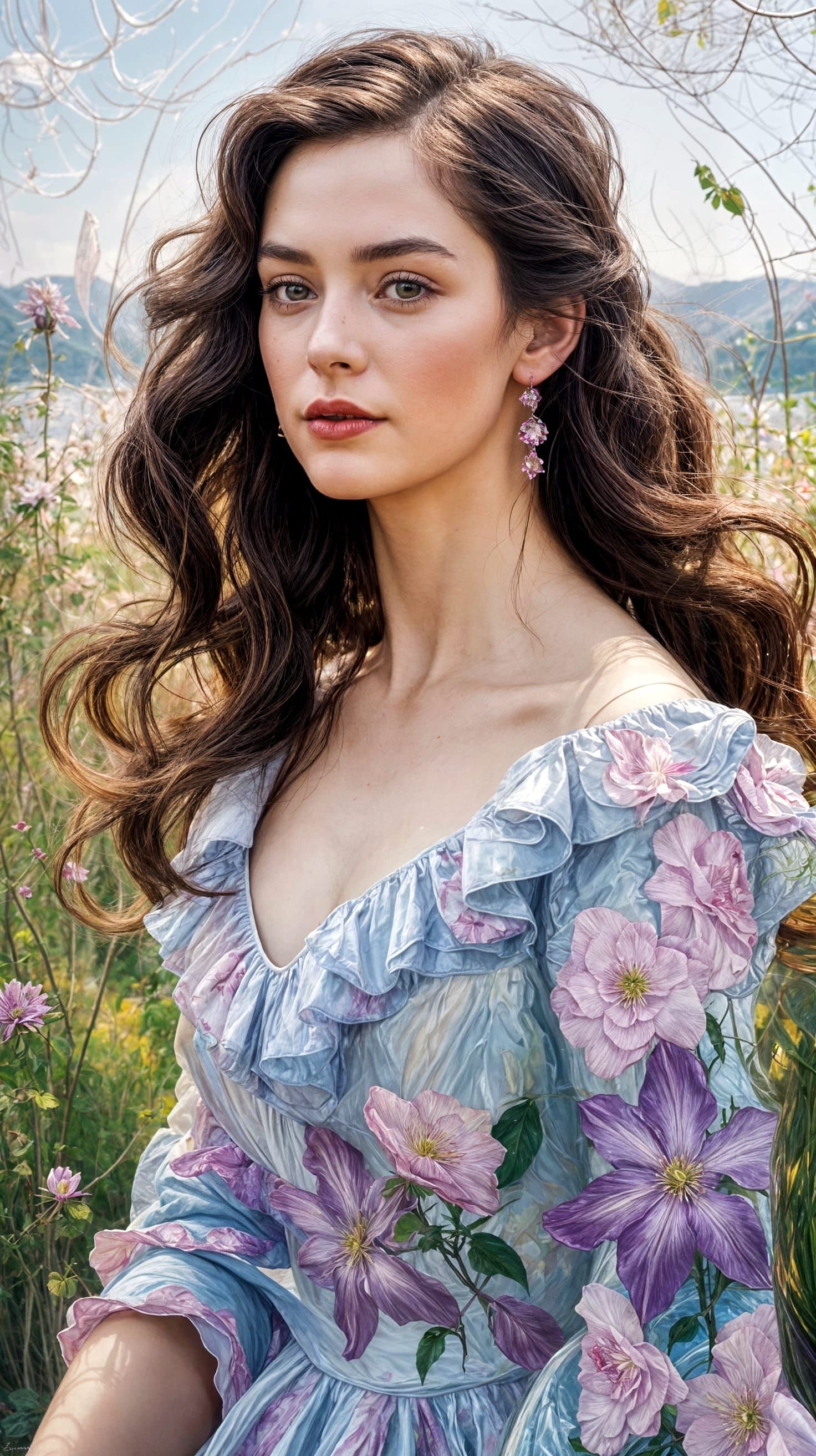 Ethereal Woman in Floral Dress: Impressionistic Digital Oil ...