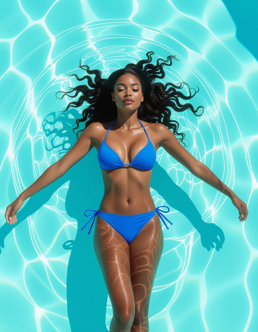Renaissance Style Pool Scene: Woman in Blue Bikini