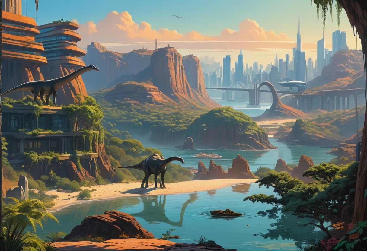Dinopunk Landscape with Prehistoric and Modern Worlds