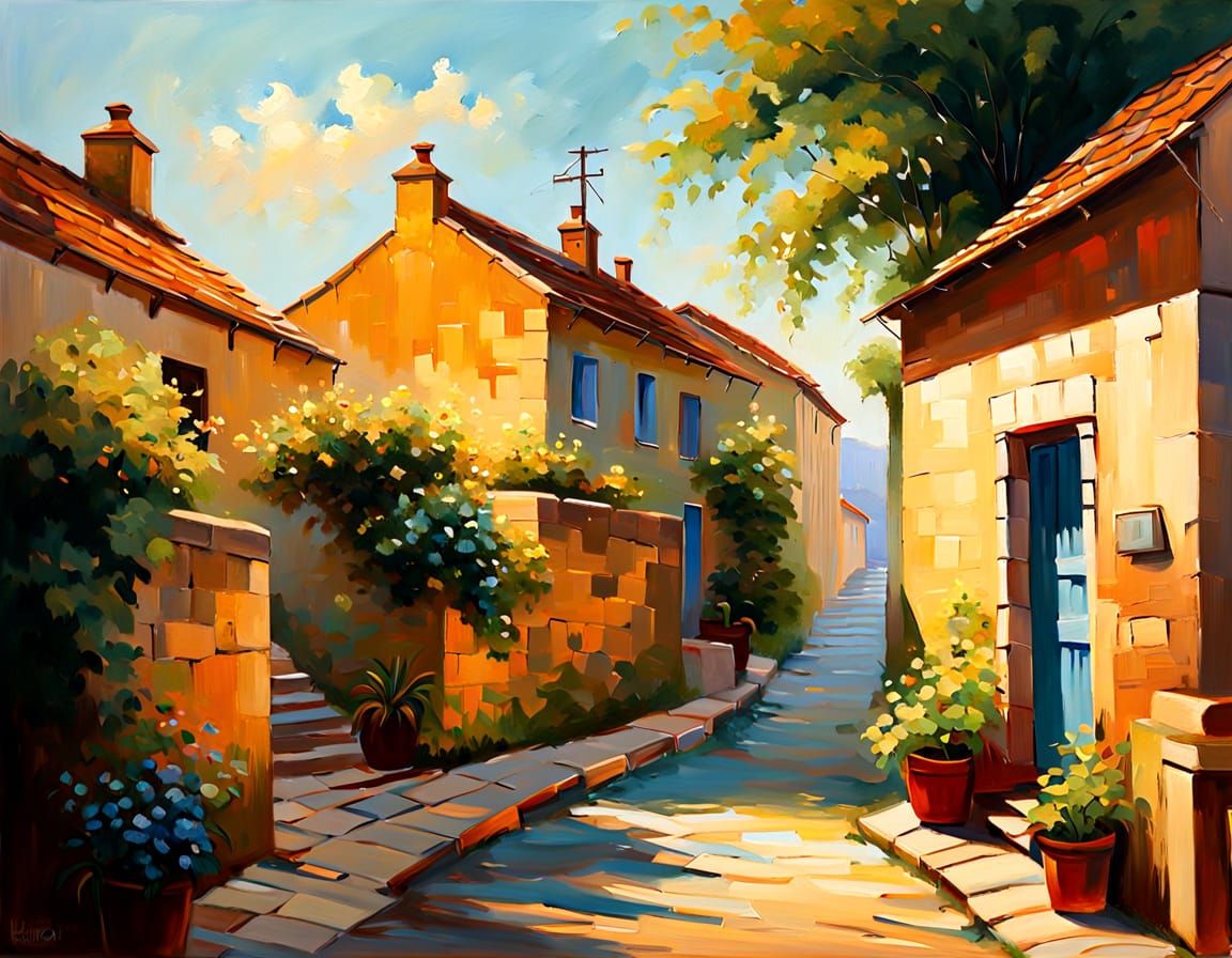 Sunlit Village Alleyway in Impressionist Style
