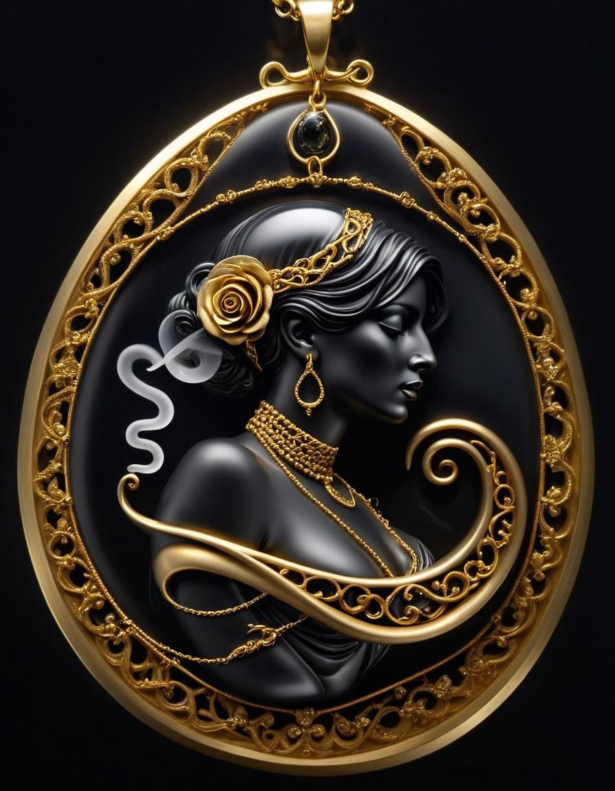 Eerie Cameo Woman in Gold Pendant with Smoke