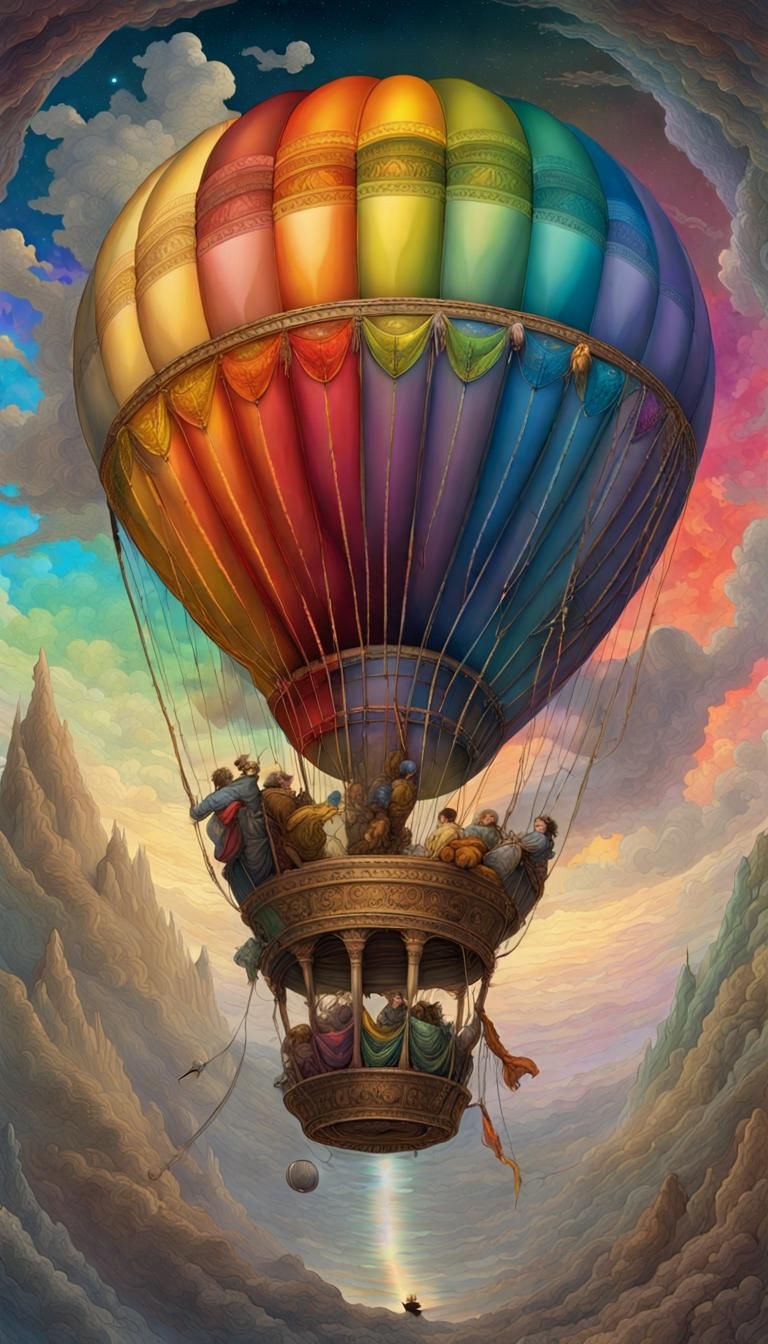 Rainbow Hot Air Balloon in Space, Detailed Art