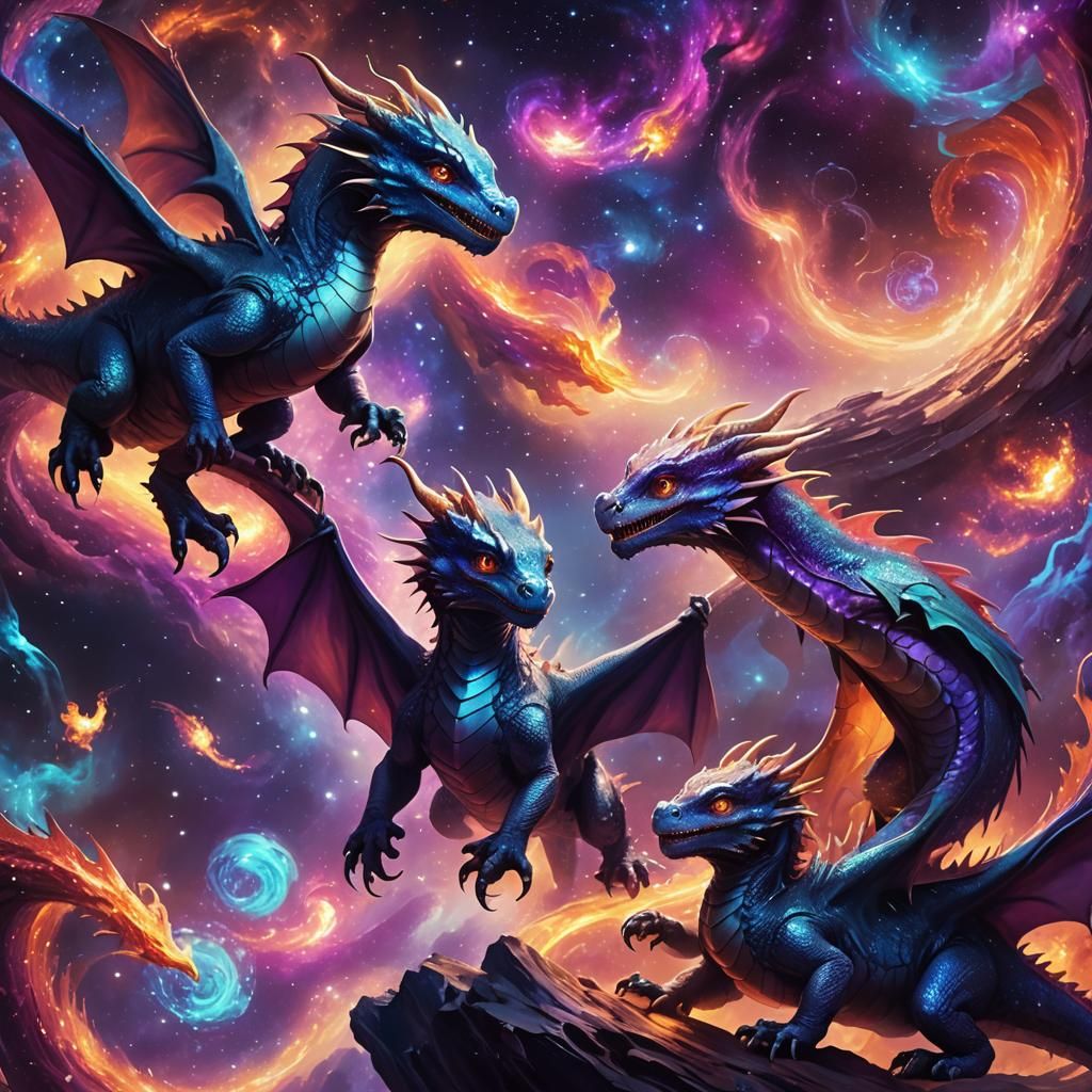 Baby Dragons Playing in a Cosmic Dreamscape