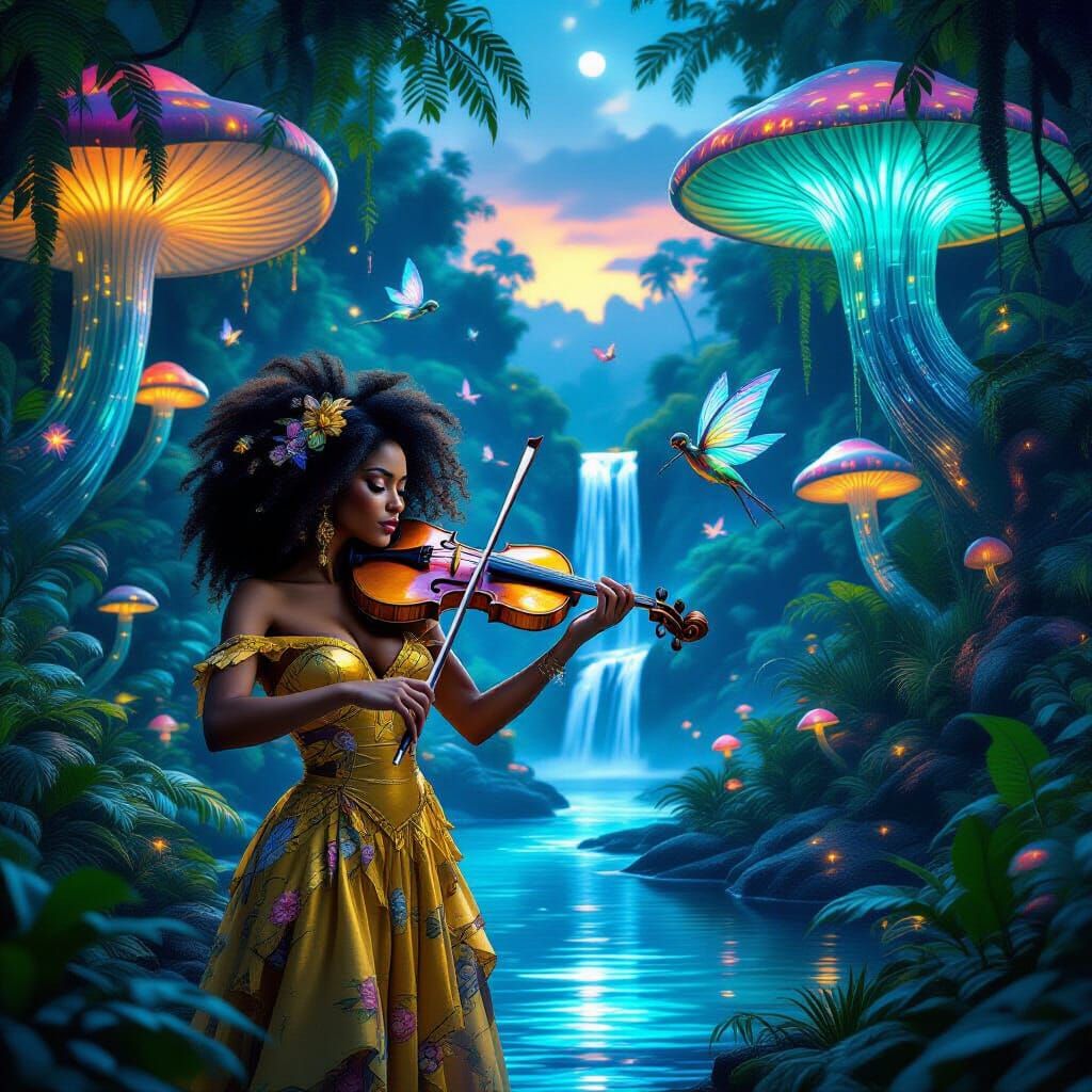 Afro-Latina Violinist in Bioluminescent Jungle at Twilight