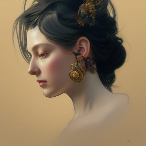 Baroque Lady with AirPods: Art Nouveau Portrait