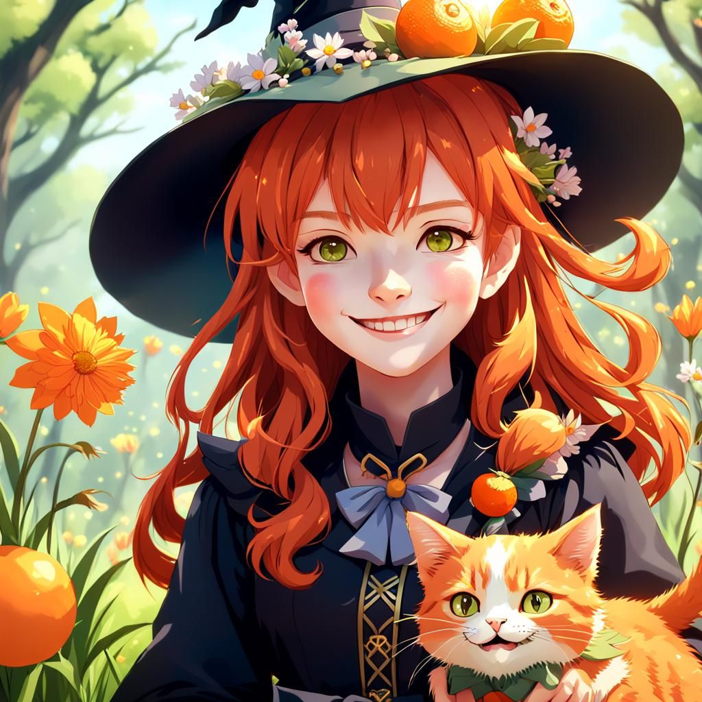 Red-Haired Anime Witch with Cat in 3D Style