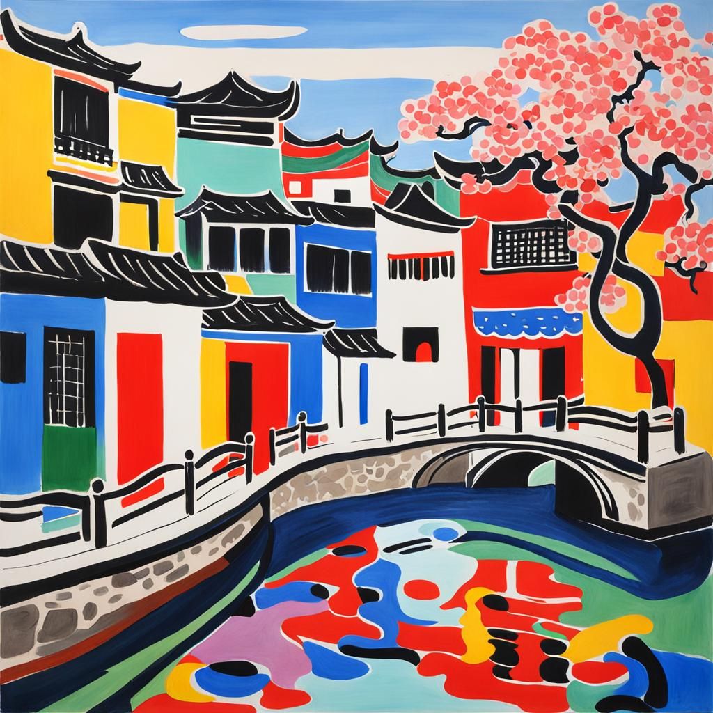 Jiangnan Water Town in Gongbi Style, Matisse Colors