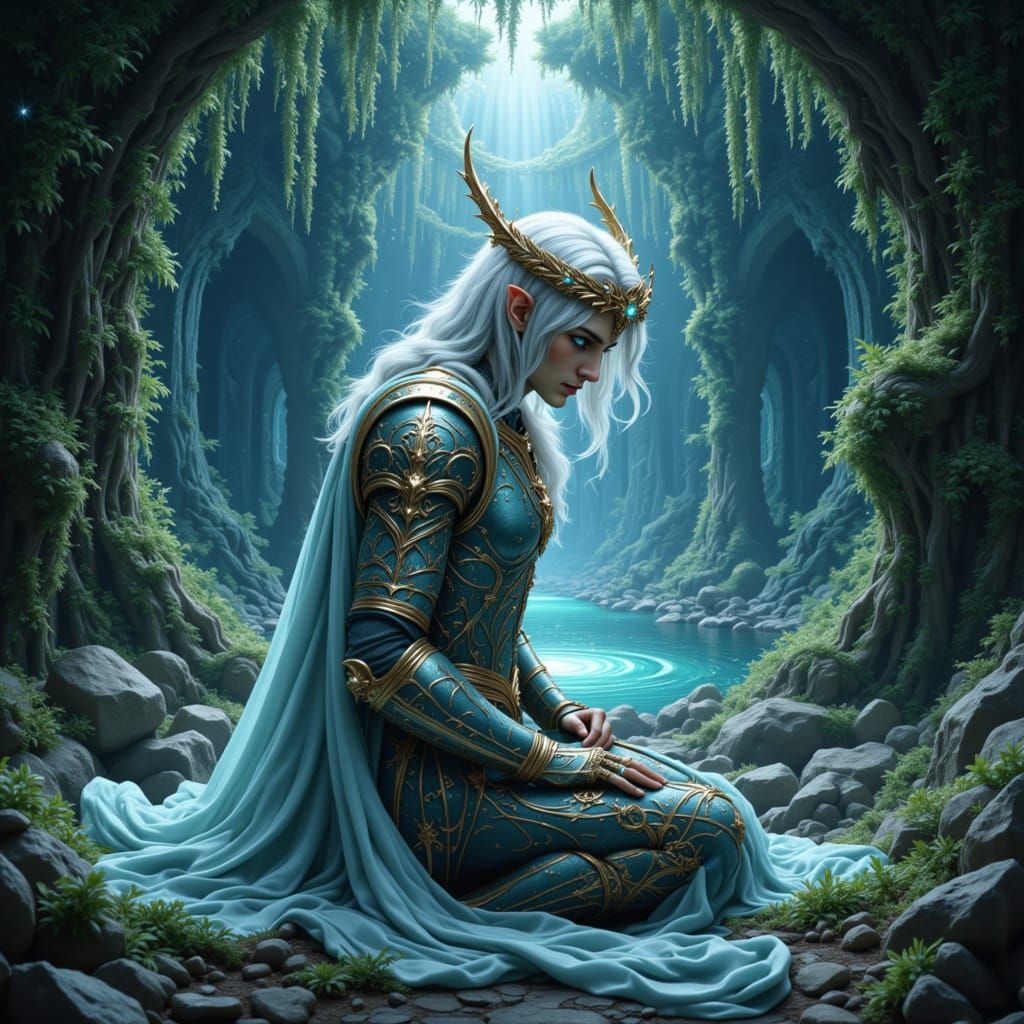 Celestial Knight in Grotto, Art Nouveau Style