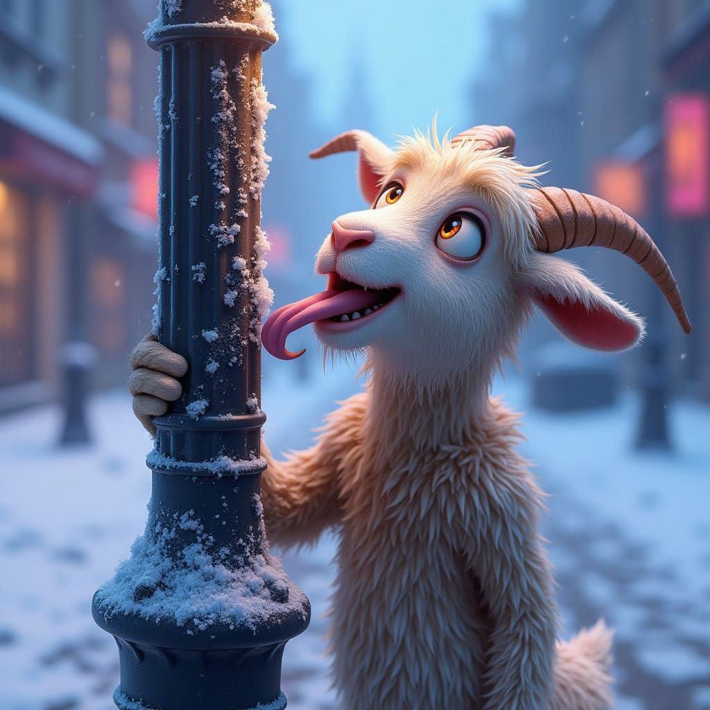 Silly Goat Gets Stuck in a Snowy Scene