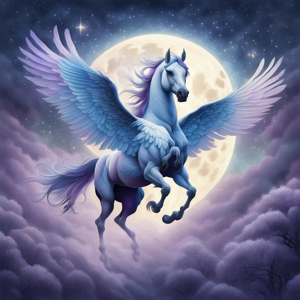 Pegasus in Moonlit Sky: Whimsical Illustration