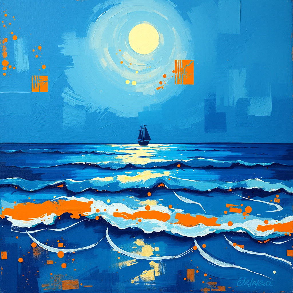 Moon Descends on Sea: Dreamlike Abstract Seascape