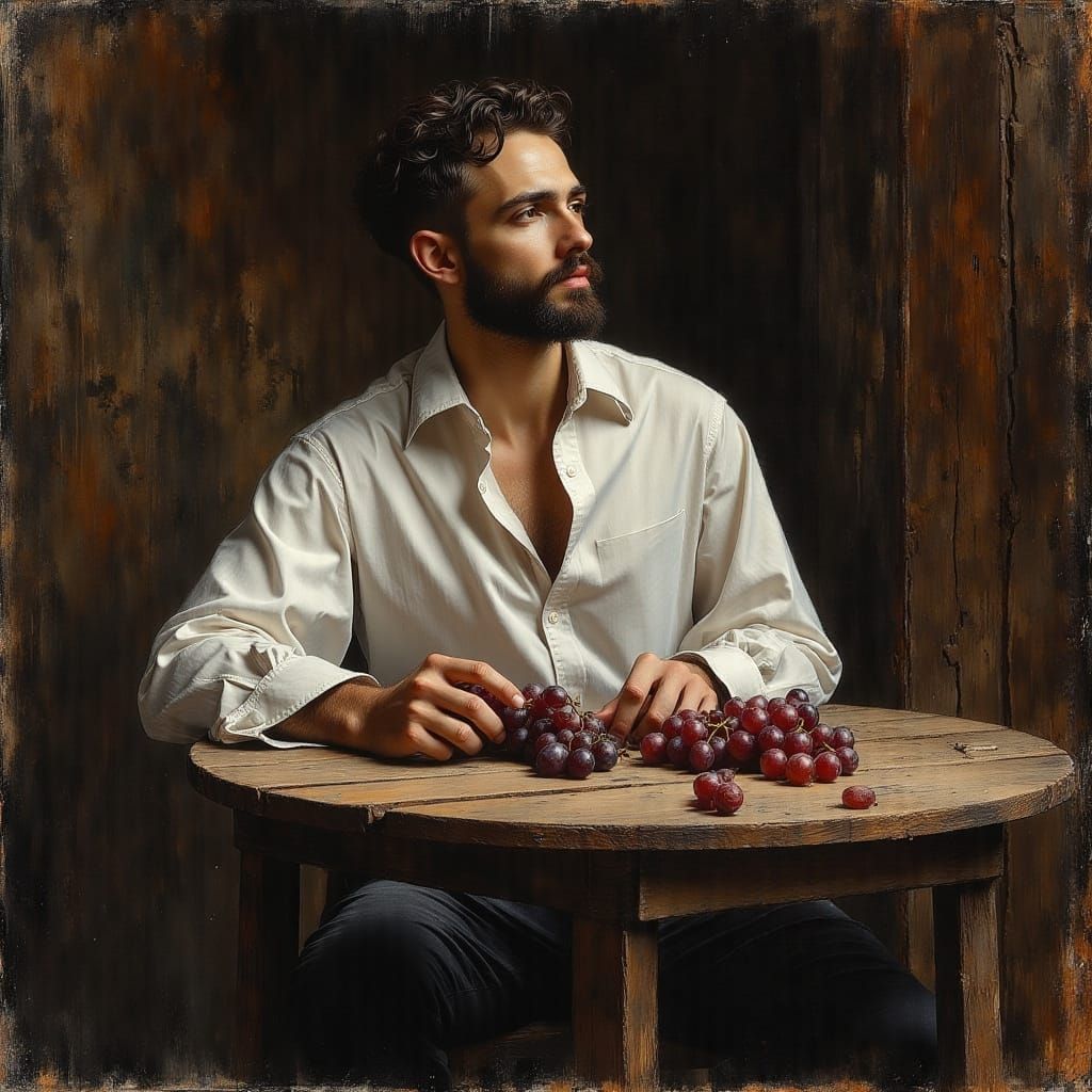 Gilbert Eating Grapes in Dark Oil Paint Style
