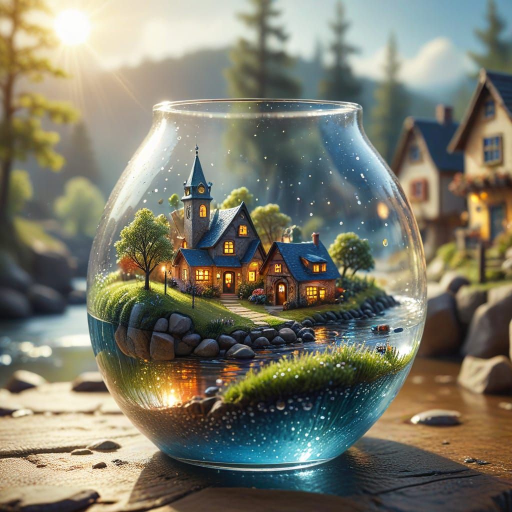 Miniature Village Inside Vase in Watercolor Style